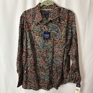 NWT CHAPS Top Womens 2X Multi Paisley Button Up No Iron Cotton Plus Work Fall